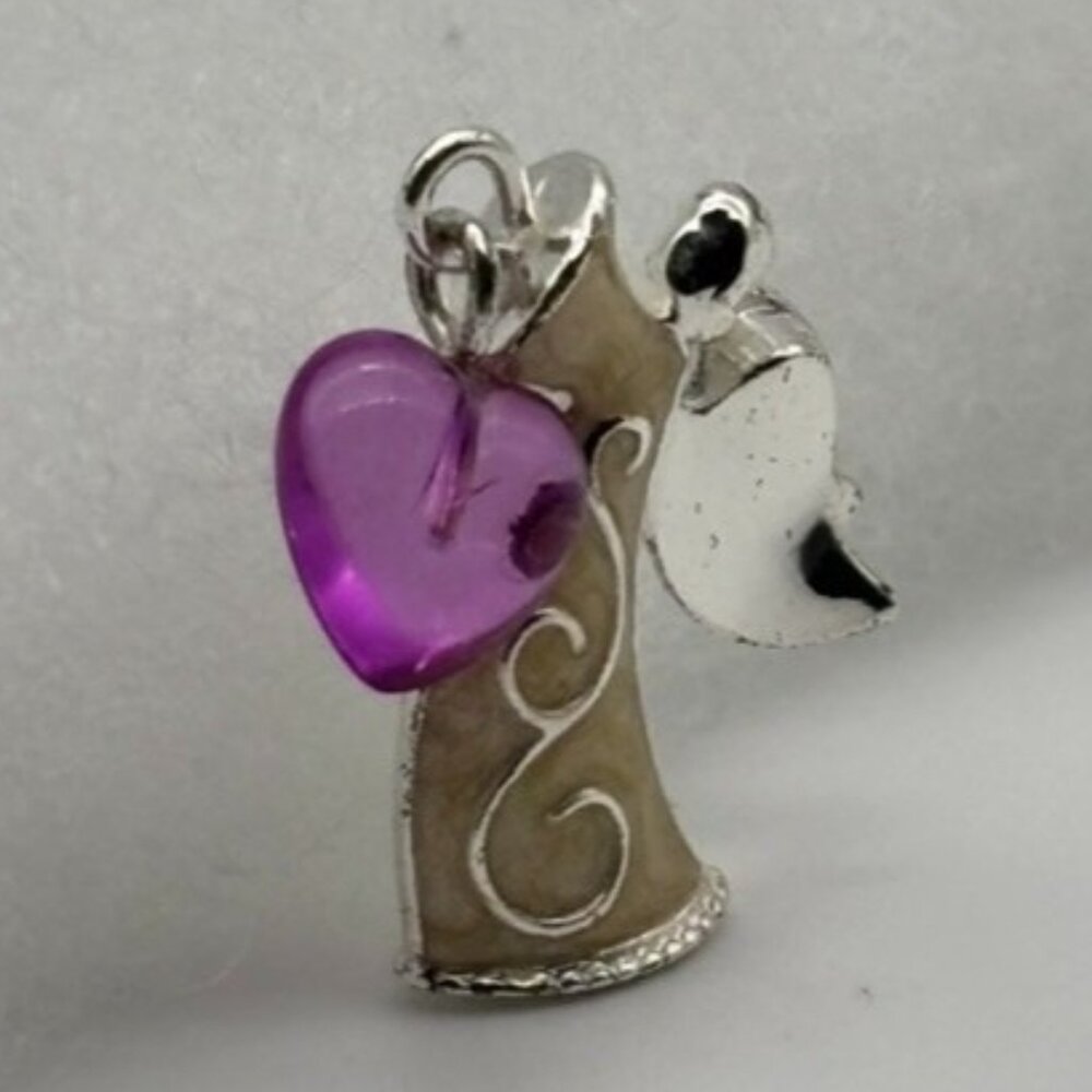 Vintage Avon Lapel Pin, Angel Holding Dangling Purple Heart Silver Tone W/Enamel - Picture 7 of 14